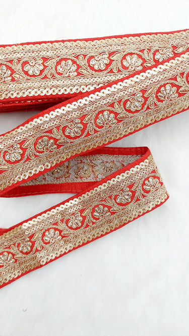 Art Silk Trim Gold Floral Embroidered Sequins Trim, Decorative Trim, Indian Sari Border